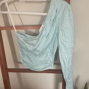 Light Blue One-Shoulder Long Sleeve Crop Top
